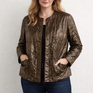 Lafayette 148 Brown Textured Faux Leather Hidden Button Front Jacket size 14